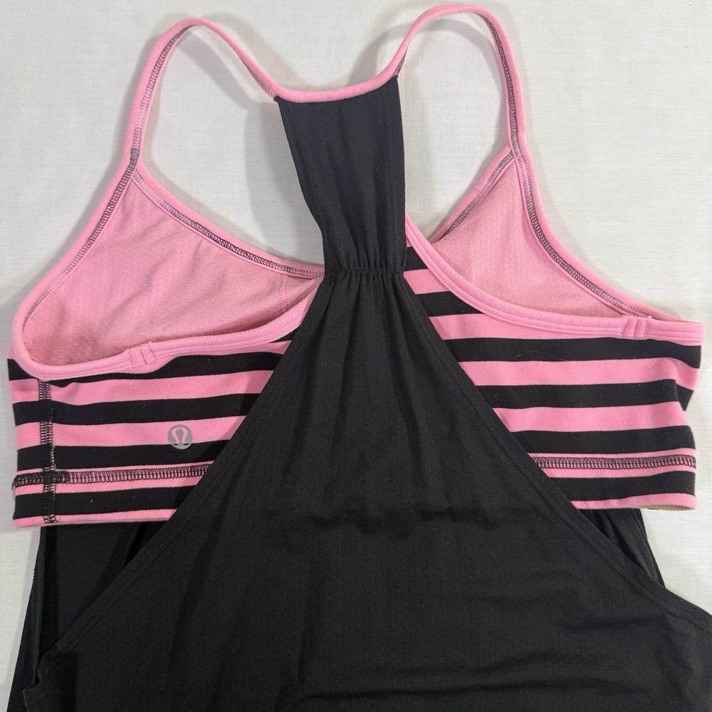Lululemon Tank Top Shirt Women's Sz 8 Black No Limits Athletic Gym Pink Stripes